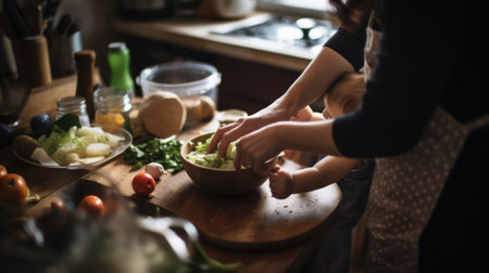 Young mother and her daughter are cooking together in the kitchen at home.の素材
