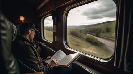 Young man reading a book while traveling by train. Travel concept.の素材