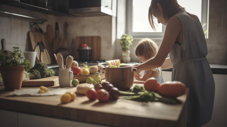 Young mother and her daughter cooking together in the kitchen at home.の素材