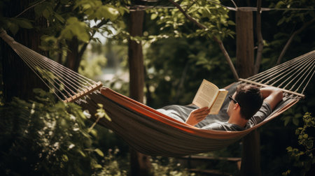 Young man reading a book in hammock in the garden. Relax conceptの素材