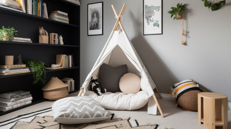 Stylish children room interior with white wigwam and bookshelfの素材