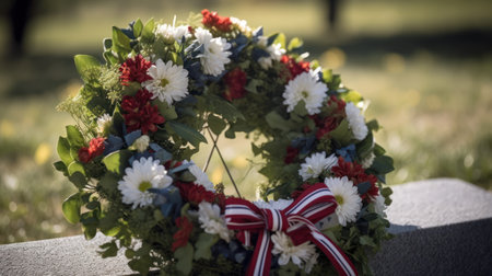 Wedding wreath with red and white flowers in a cemeteryの素材