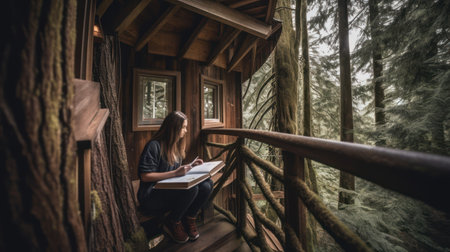 Young woman reading a book on the balcony of the wooden house in the woodsの素材