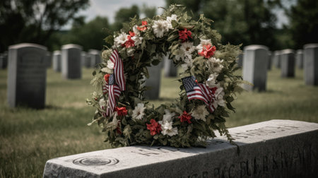 Memorial wreath with american flag and flowers on a graveの素材