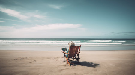 Senior woman sitting in deck chair on the beach and looking at the seaの素材
