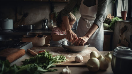Mother and daughter cooking together in the kitchen. People, family and lifestyle conceptの素材