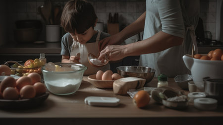 Mother and daughter are cooking together in the kitchen at home. People, family, lifestyle concept.の素材