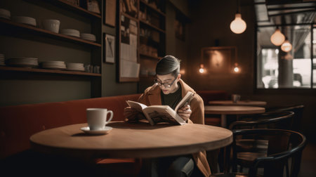 Beautiful young woman reading a book while sitting in a cafe.の素材