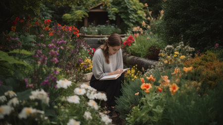 Beautiful young woman reading a book in the garden. She is wearing a white sweater.の素材