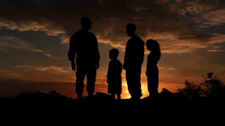 Silhouette of a family standing on top of a mountain at sunsetの素材