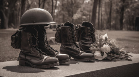Old military boots and helmet on a grave in the cemetery. Sepia tone.の素材