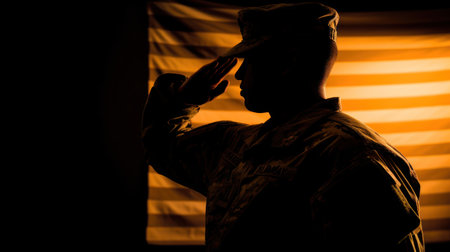 Silhouette of soldier saluting with flag of United States of Americaの素材