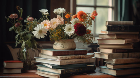 Vintage books and flowers in a vase on a wooden tableの素材