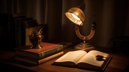 Vintage books and lamp on wooden table. Selective focus.の素材