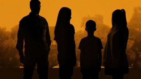 Silhouette of family standing in the park in the fog.の素材