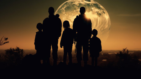 Silhouette of a family with children on the background of the moonの素材