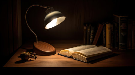 Book and lamp on the table. Dark background. Selective focus.の素材