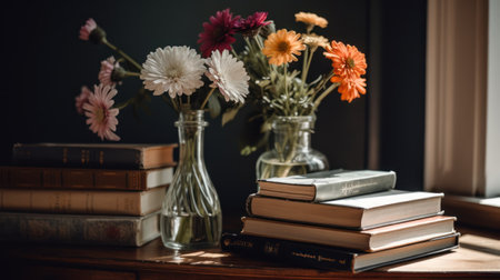 Books and vase with flowers on a wooden table in the roomの素材