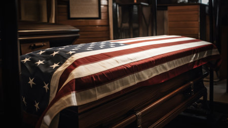 Close up of a coffin with the flag of the United States.の素材
