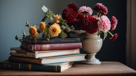Vintage books and dried flowers on a wooden table in the roomの素材