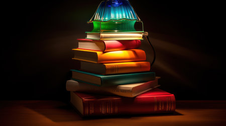 Pile of books with lamp on wooden table and black background.の素材