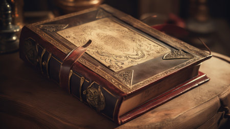 Old book on a wooden table. Retro style toned image.の素材