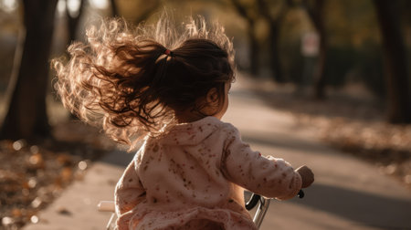 Portrait of a little girl riding a scooter in the parkの素材