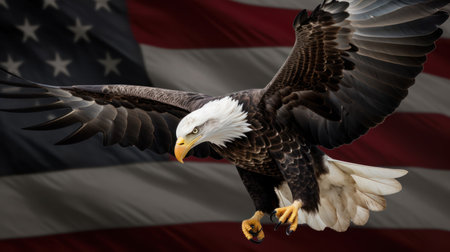 Bald Eagle with USA Flag in the background. 3D illustration.の素材