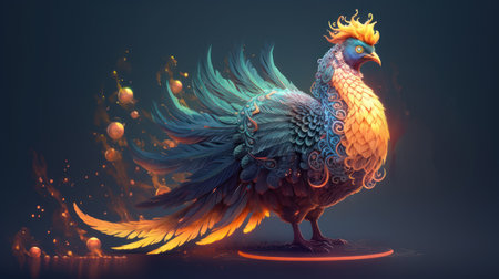Colorful rooster on dark background. 3D rendering, 3D illustration.の素材