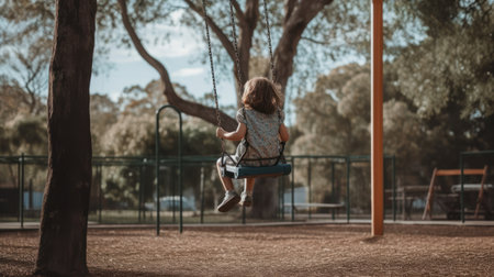Little girl swinging on a swing in the park. Selective focus.の素材