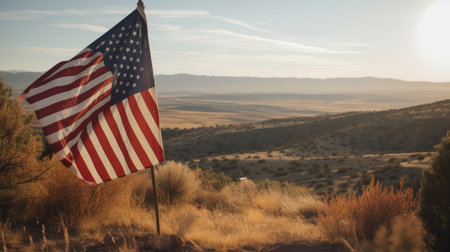 American Flag in the desert at sunset with mountains in the background.の素材