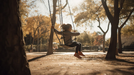 Little girl swinging in the park on a sunny autumn day. Selective focus.の素材