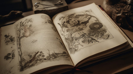 Vintage still life with old books and antique objects on a wooden tableの素材
