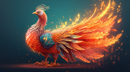 Colorful rooster with wings and feathers on a dark background.の素材