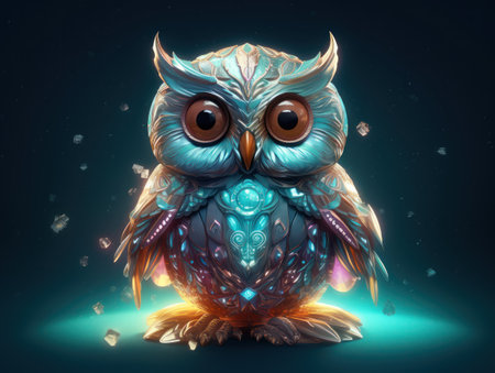 Colorful illustration of a cute owl sitting on the ground with crystals.の素材