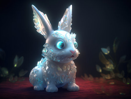 3d rendering of a white rabbit with blue eyes on a dark backgroundの素材