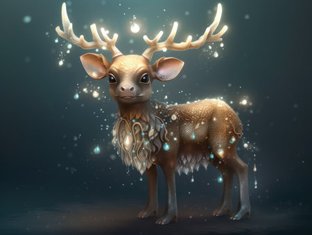 3d rendering of a deer with shiny lights on a dark backgroundの素材