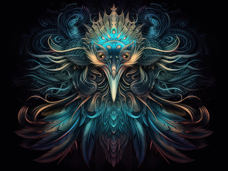 Colorful fractal owl on a black background. Psychedelic fractal design.の素材