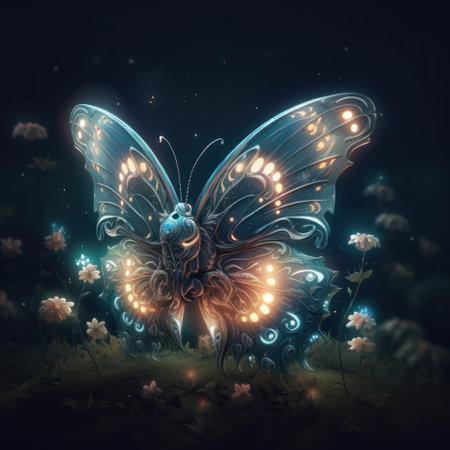 Butterfly with beautiful wings and glowing lights on the dark backgroundの素材