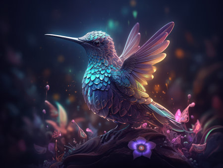 Colorful hummingbird on a dark background. 3D illustration.の素材
