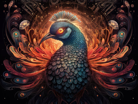 Colorful peacock bird on a cosmic background. Fantasy fractal design.の素材