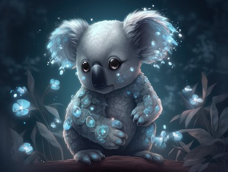Cute koala with blue eyes sitting on a branch with flowersの素材
