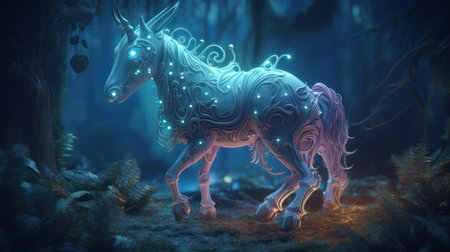 Horse in the forest. Magic fantasy scene. 3D renderingの素材