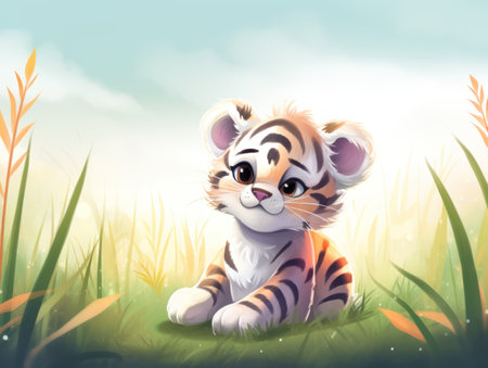 Cute little tiger sitting on grass in the meadow. Vector illustration.の素材