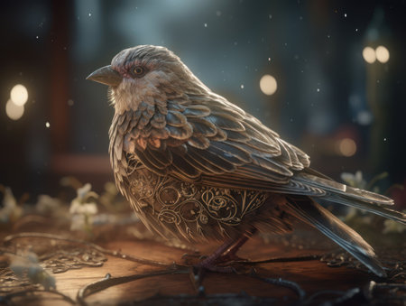 Beautiful bird sitting on a wooden table in the evening with snowの素材