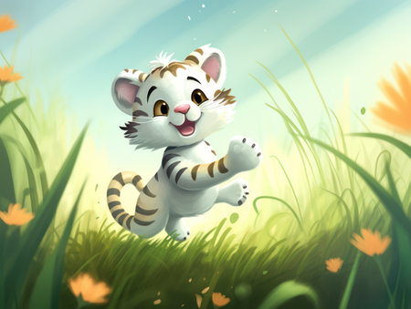 cute cartoon tiger jumping on the meadow with dandelionsの素材