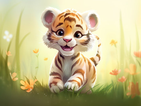 Cute little tiger on the meadow with flowers. Vector illustration.の素材