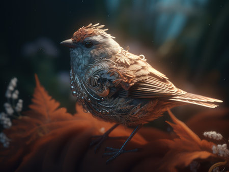Bird sitting on a bouquet of autumn leaves in the forest.の素材