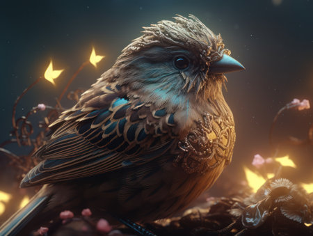 3d rendering of a bird in a fairy forest with stars.の素材