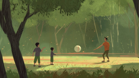 Children playing soccer in the park. Illustration in cartoon style.の素材